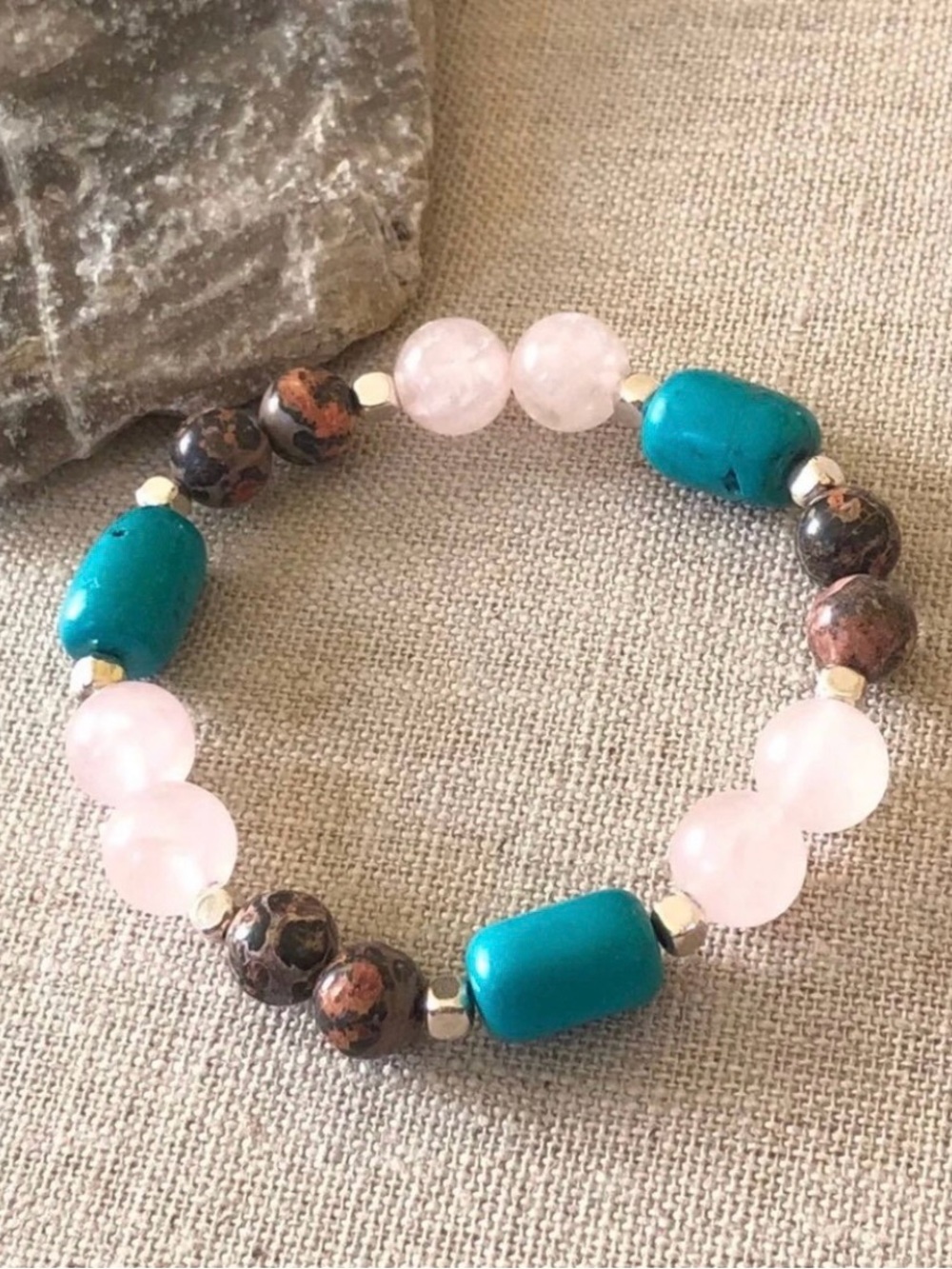 Handcrafted Rose Quartz & Turquoise Beaded Stretch Bracelet